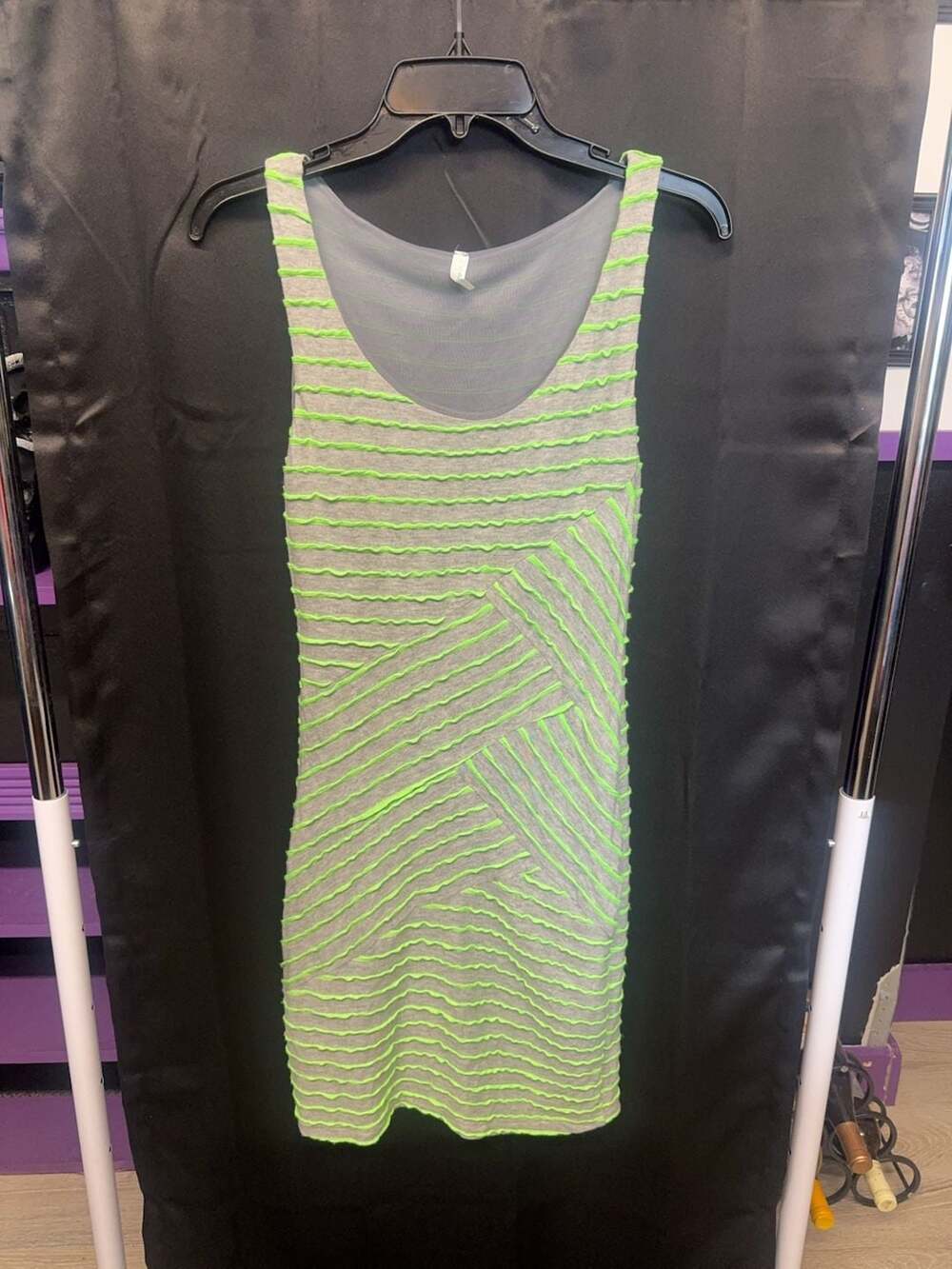Cocolove Gray and Neon Green Ruffle Striped Tank Dress